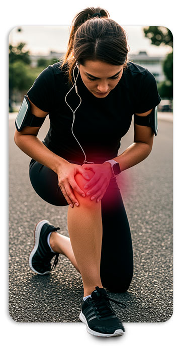Uma atleta com as mãos no joelho, pensando sobre cirurgia no joelho